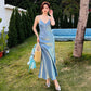 2025 Super long slim fit high-end dress blue mermaid satin acetate suspender dress V-neck R0987