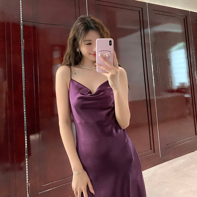 French satin suspender dress Hepburn long skirt with base purple A-line slim vest skirt R0984