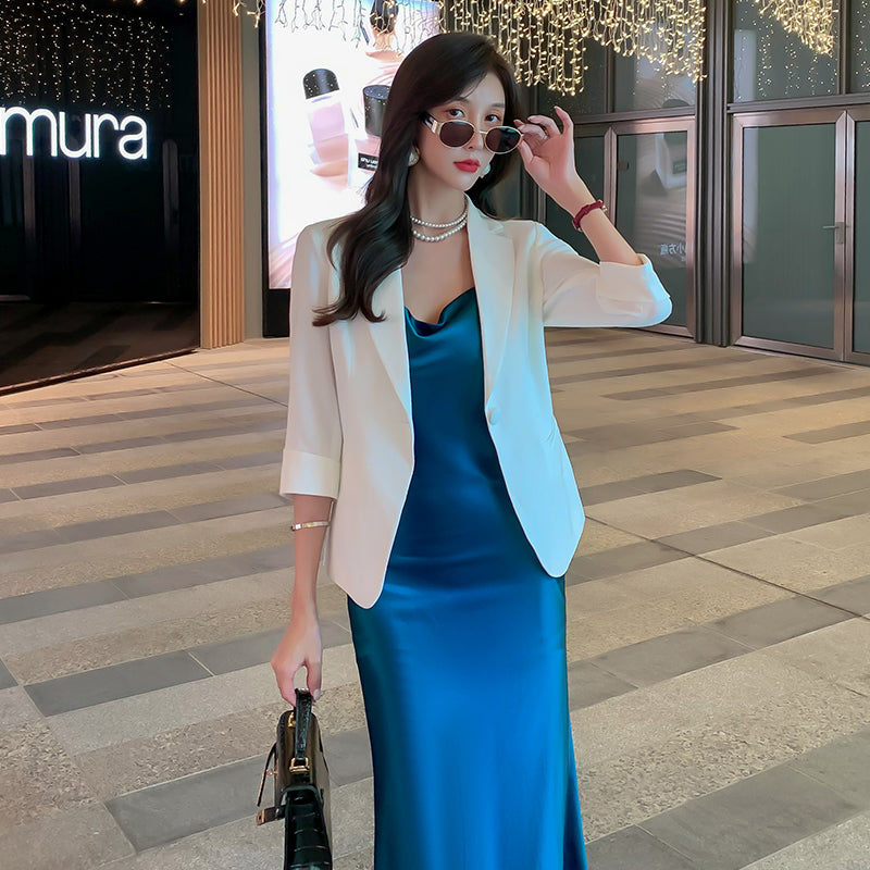 High-grade French suspender dress 25 new high-end silk satin blue temperament skirt slim fit R0988