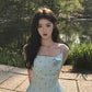 Gentle temperament blue polka dot suspender dress beautiful waist A-line long skirt R0714
