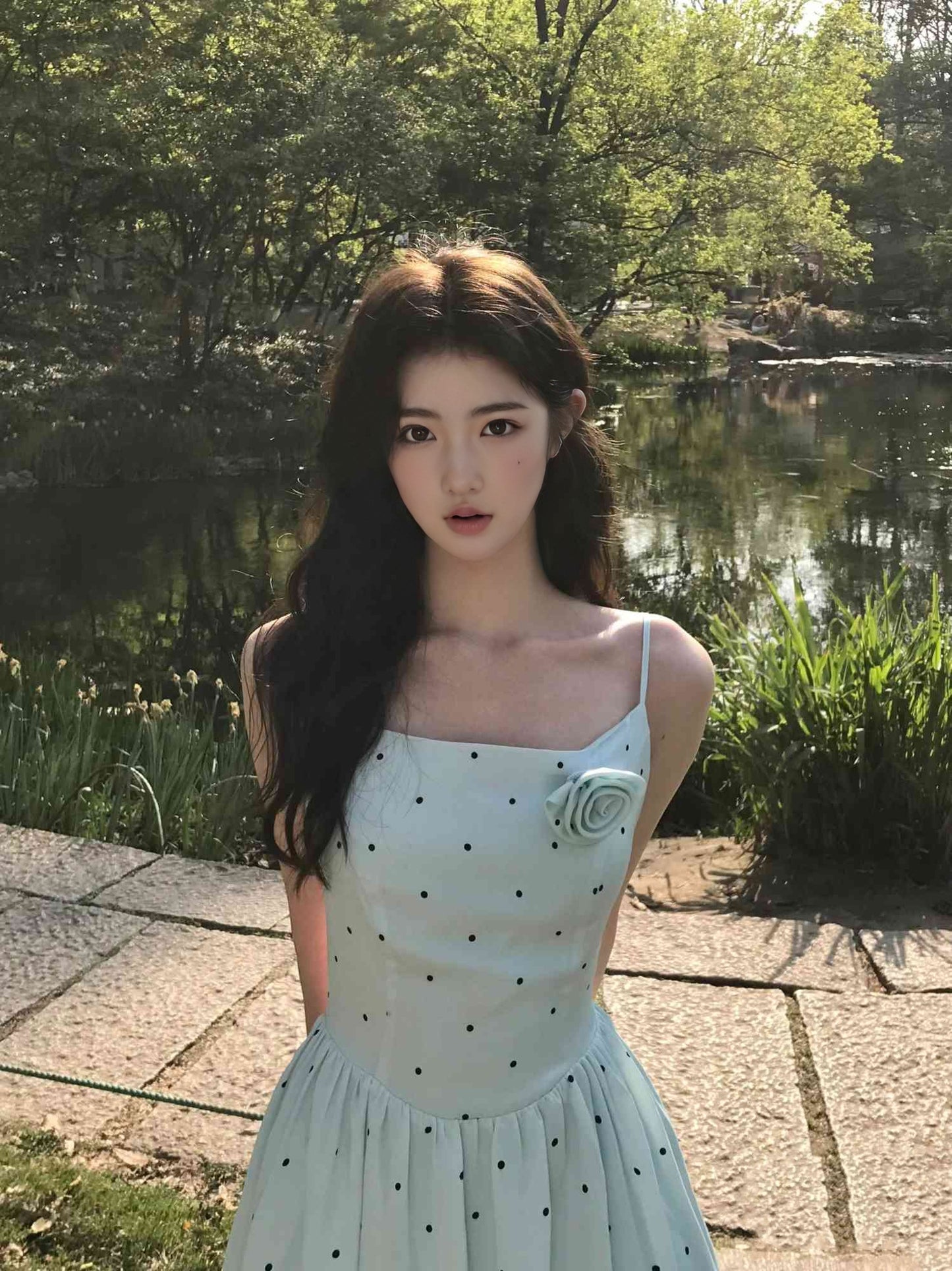 Gentle temperament blue polka dot suspender dress beautiful waist A-line long skirt R0714