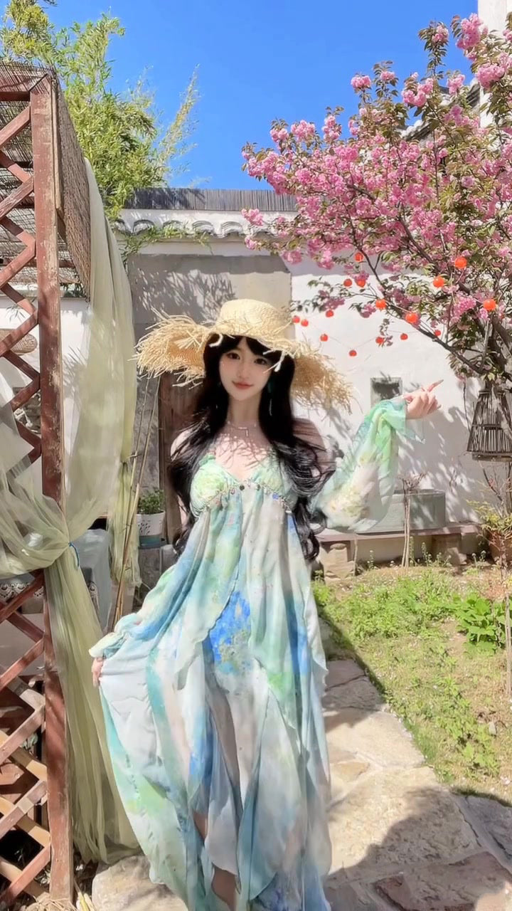 Blooming floral halter dress holiday style beautiful dress R0716