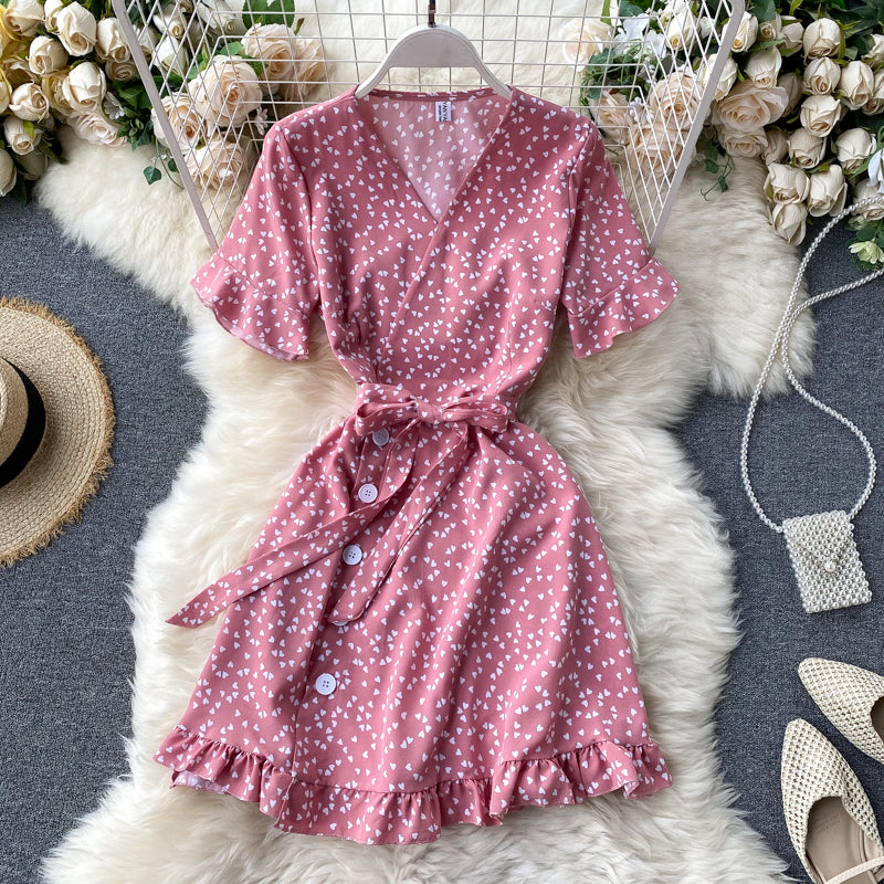 Dress 2025 new summer sweet love print trumpet sleeve tie waist short style R2166