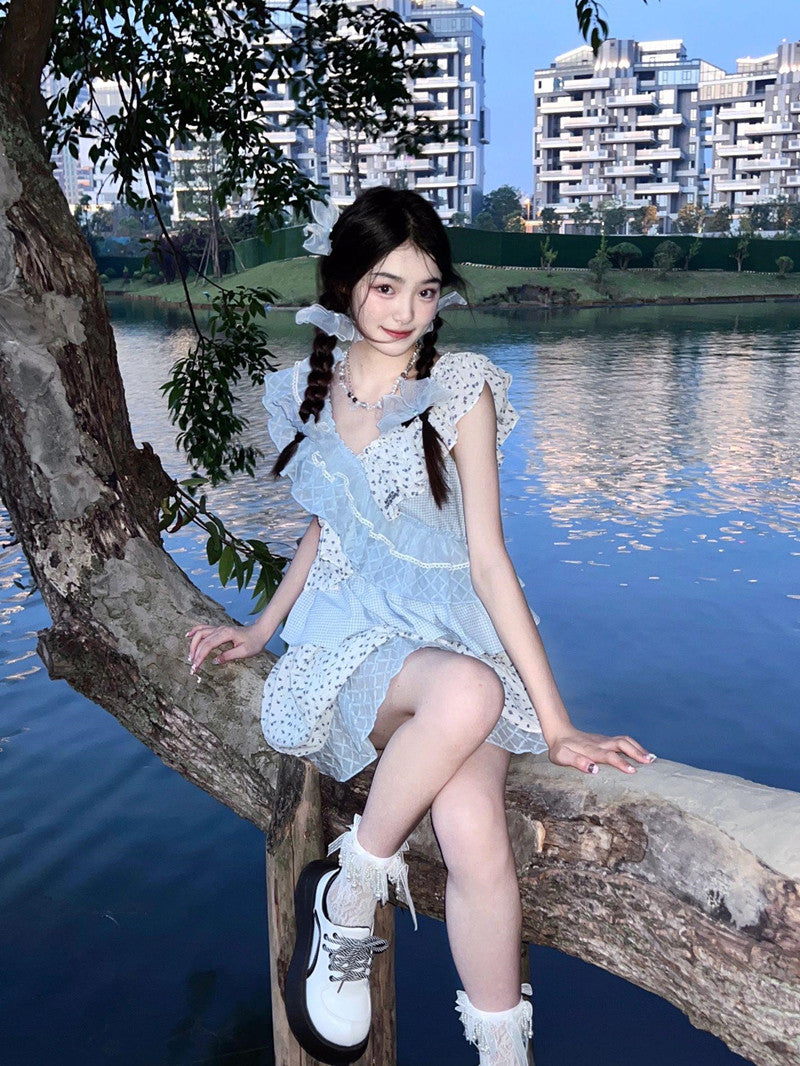 French sweet floral ruffle patchwork dress niche design princess fairy dress R1657