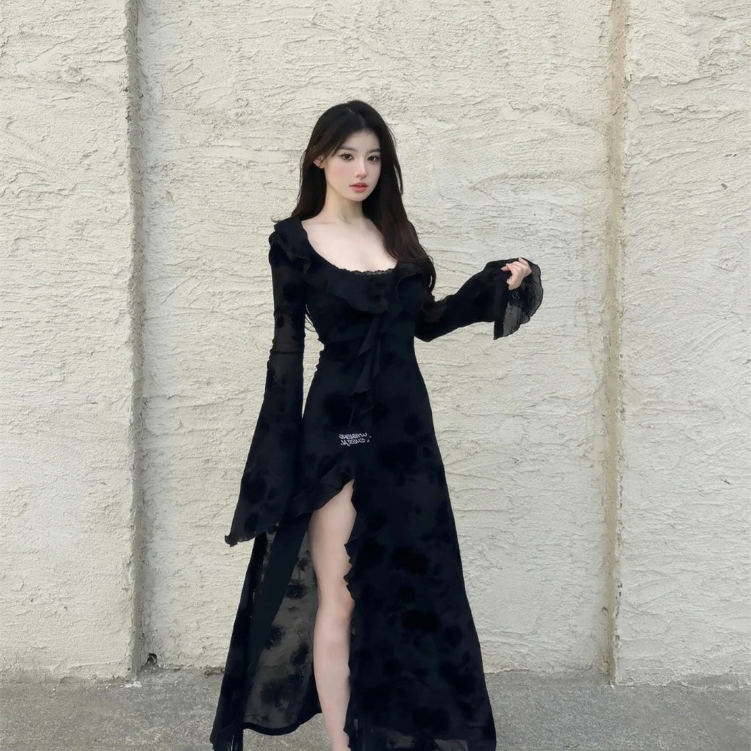 French Hepburn royal sister style dark rose sling slit dress waistcoat top long skirt two-piece suit R1659