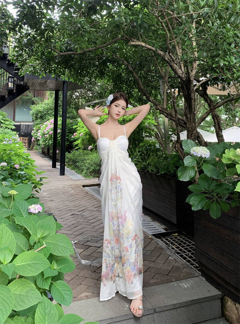 French style beautiful sling dress seaside holiday green print dress beach dress R1564