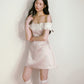 Pink satin with white ruffled edge contrasting one-shoulder waist dress R5132
