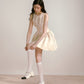 Beige glossy satin 3D handmade pearl princess skirt puffy dress R5133