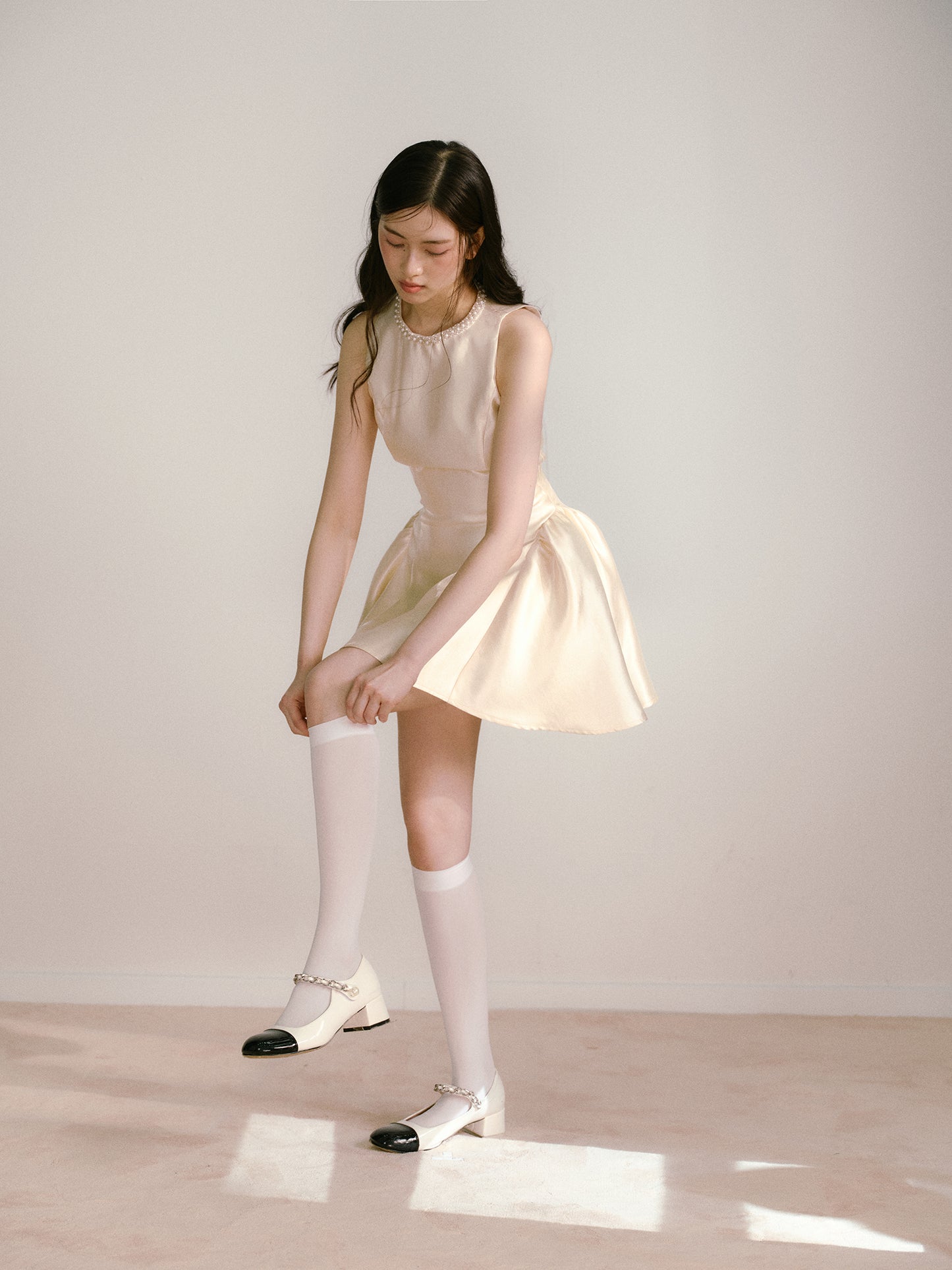 Beige glossy satin 3D handmade pearl princess skirt puffy dress R5133