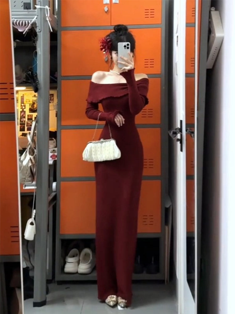 French high-end red one-shoulder knitted dress beautiful slim and elegant long skirt R1789