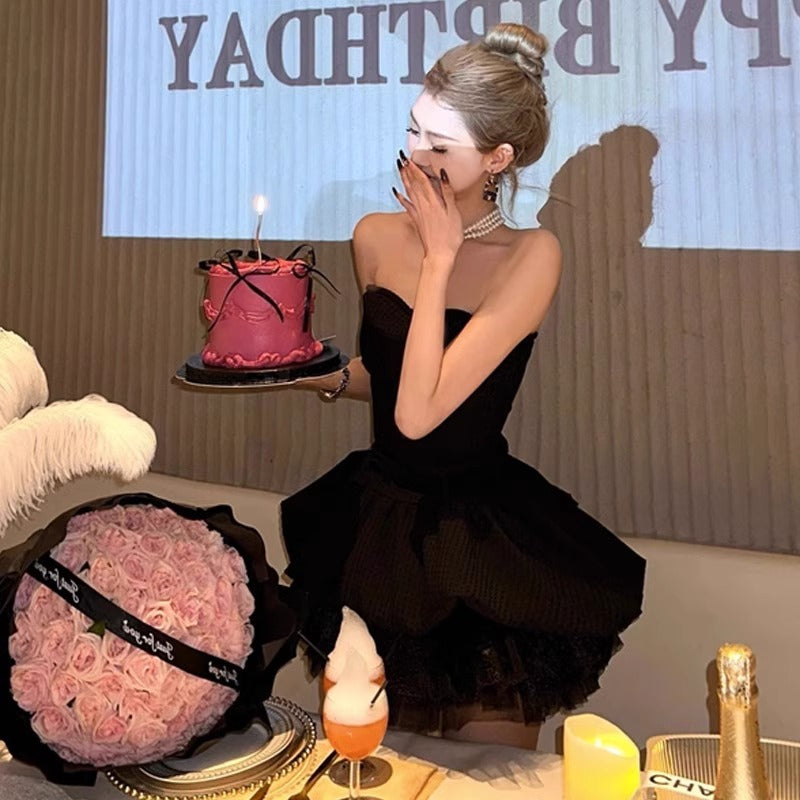 Birthday party dress niche high-end luxury temperament sexy black tube top dress R1790