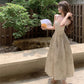 New Chinese style printed satin suspender dress niche waist slim temperament long skirt R1791