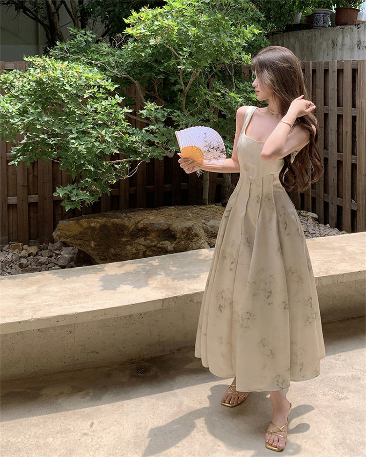 New Chinese style printed satin suspender dress niche waist slim temperament long skirt R1791