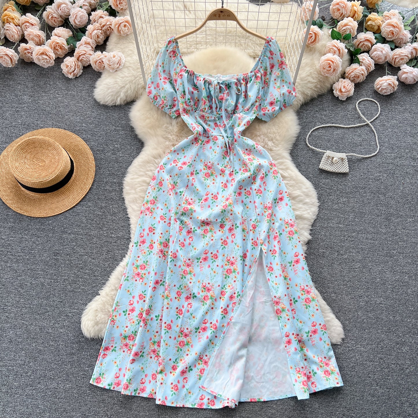 French pure desire high-grade floral dress slim temperament super fairy slit long skirt R2144