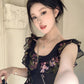 Holiday design small flying sleeves black floral dress slim fit temperament hip long skirt R1785