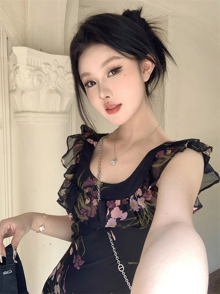 Holiday design small flying sleeves black floral dress slim fit temperament hip long skirt R1785