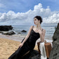 Black suspender dress slim sexy temperament slit silk satin holiday wear skirt R1443