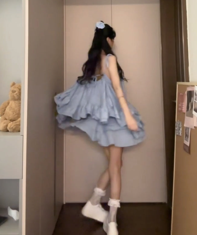 Suit blue suspender dress short skirt skirt summer outfit matching a complete set R0795