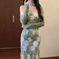 Gentle green floral suspender dress with beautiful temperament waist long skirt R0654