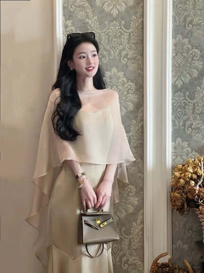 A Thousand-dollar sling dress with satin fishtail skirt and a shawl on the outside, two-piece dress R0507