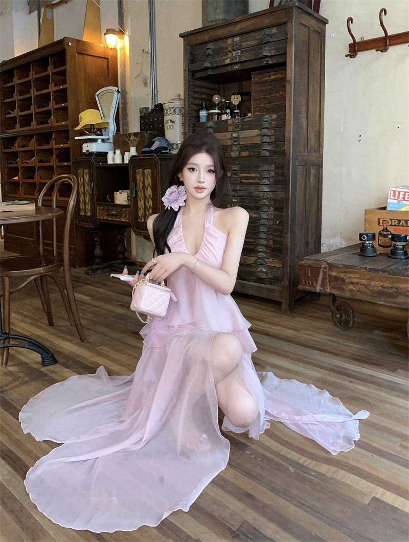 Beach Vacation Pink Chiffon Halter Neck Vest Skirt Two-piece Set R0508