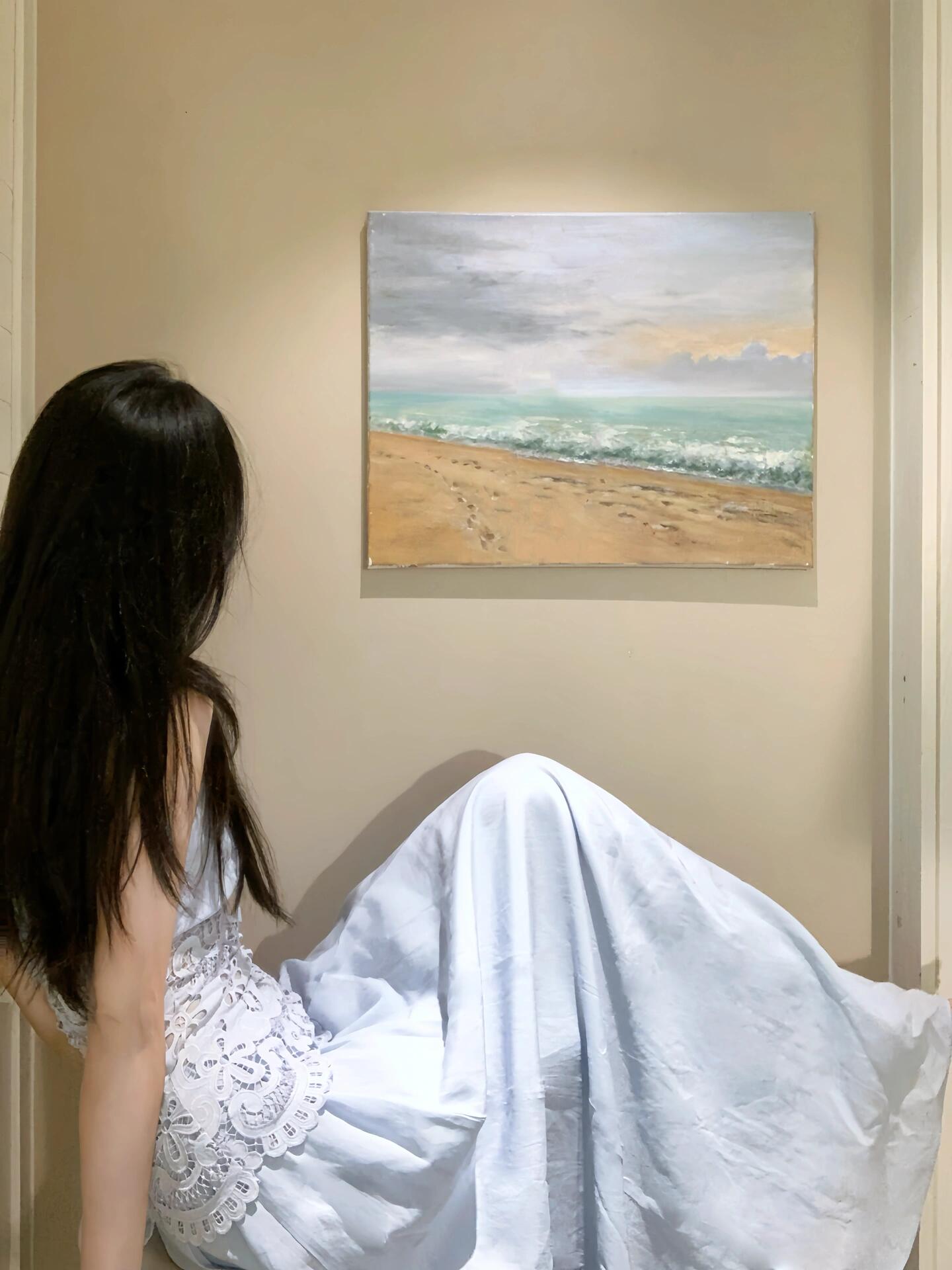 Holiday style blue lace halter neck dress gentle temperament waist A-line long skirt R0883