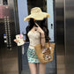 Holiday style gentle temperament beautiful jacquard halter neck top floral skirt two-piece suit R0886