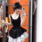 French black suspender dress retro temperament waist fluffy mesh dress R0885