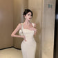 Square neck suspender dress with elegant waist, slim fit and hip-hugging high-end skirt R1453