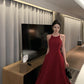 Burgundy halter neck dress French style suspender dress high-end dress R1454