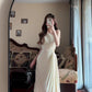Temperament high-end hollow off-shoulder pleated long skirt design irregular dress R0639
