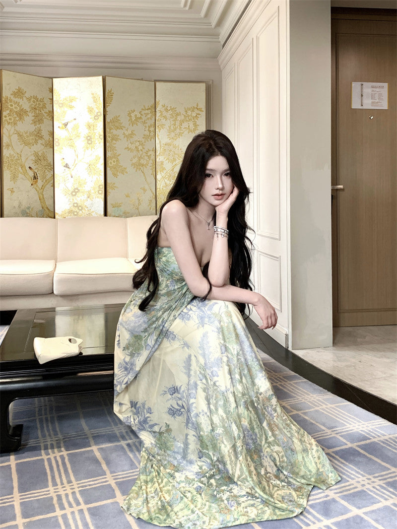 Green floral suspender dress, elegant waist slim beach dress R0670