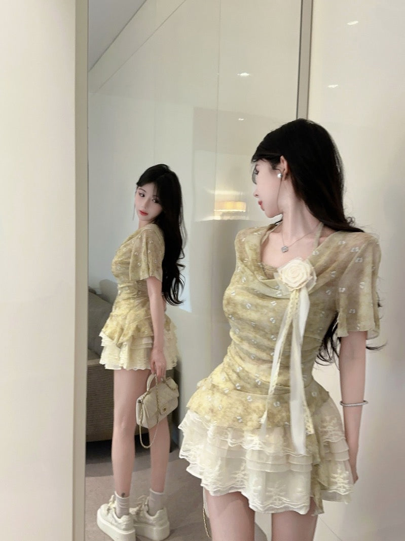 French lace three-dimensional flower collar chiffon shirt summer new sweet halter neck R3390