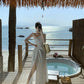 White off-shoulder dress with slits for a beach holiday, slimming suspender beach dress R1603