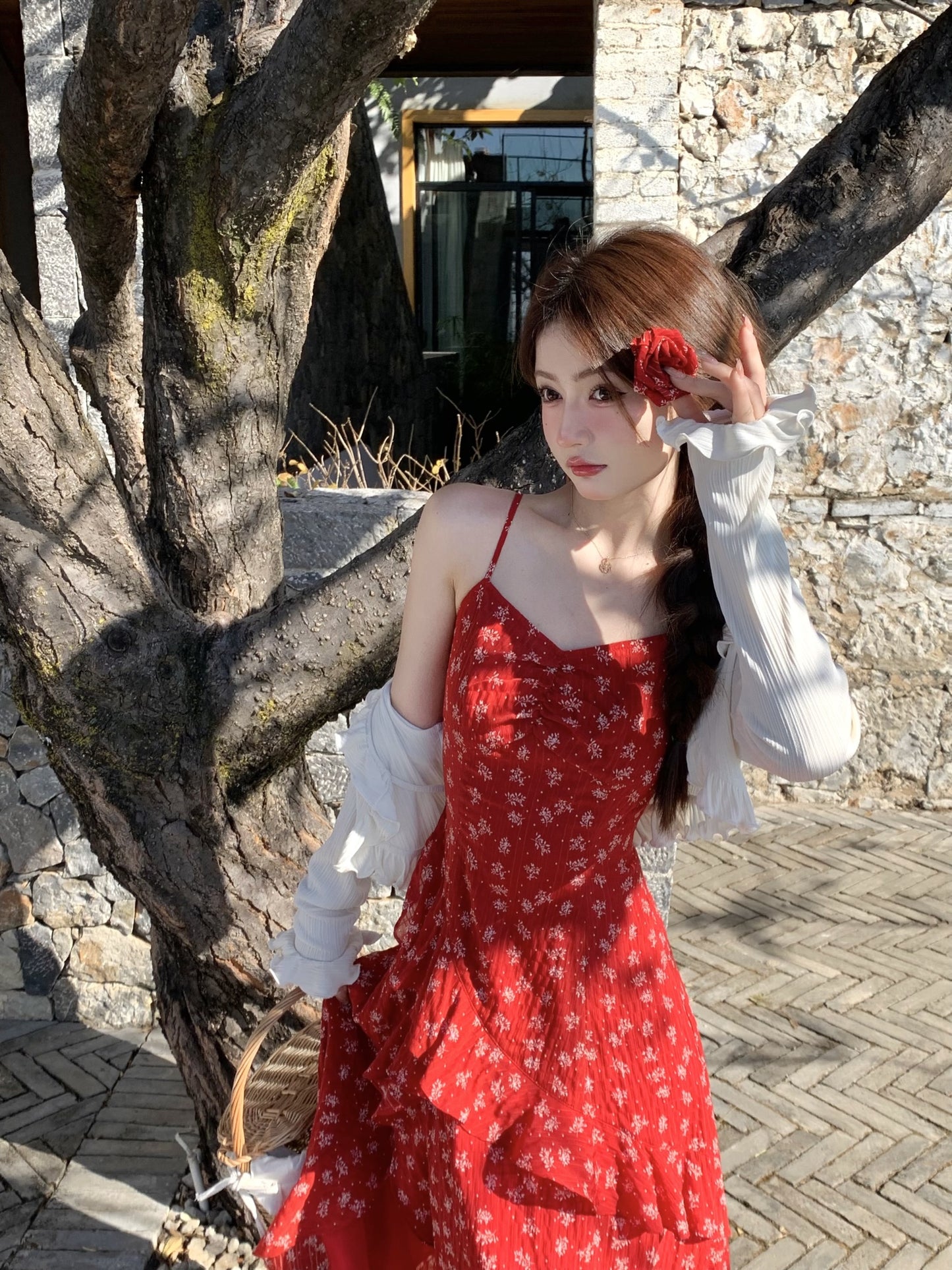 French style beautiful red suspender dress irregular slit long skirt R3865