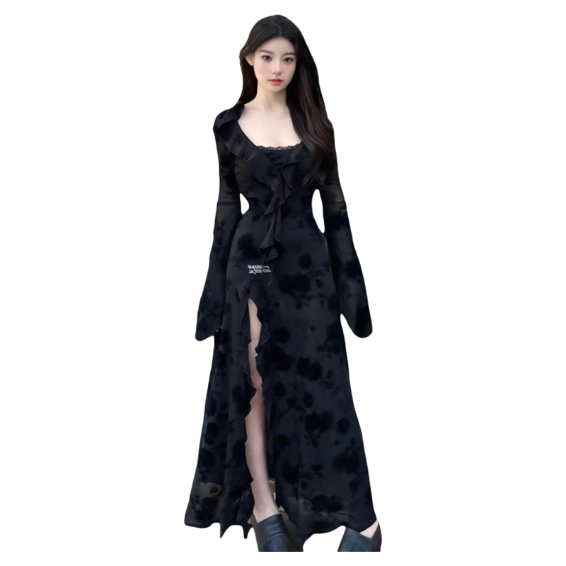 French Hepburn royal sister style dark rose sling slit dress waistcoat top long skirt two-piece suit R1659