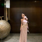 Gentle style pink floral hollow one-shoulder dress with waist A-line long skirt R0612