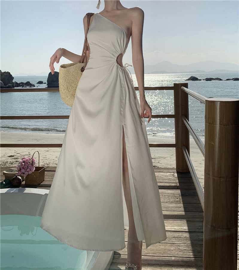 White off-shoulder dress with slits for a beach holiday, slimming suspender beach dress R1603