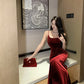 French suspender dress autumn wine red slim waist velvet hip fishtail Christmas dress R1439