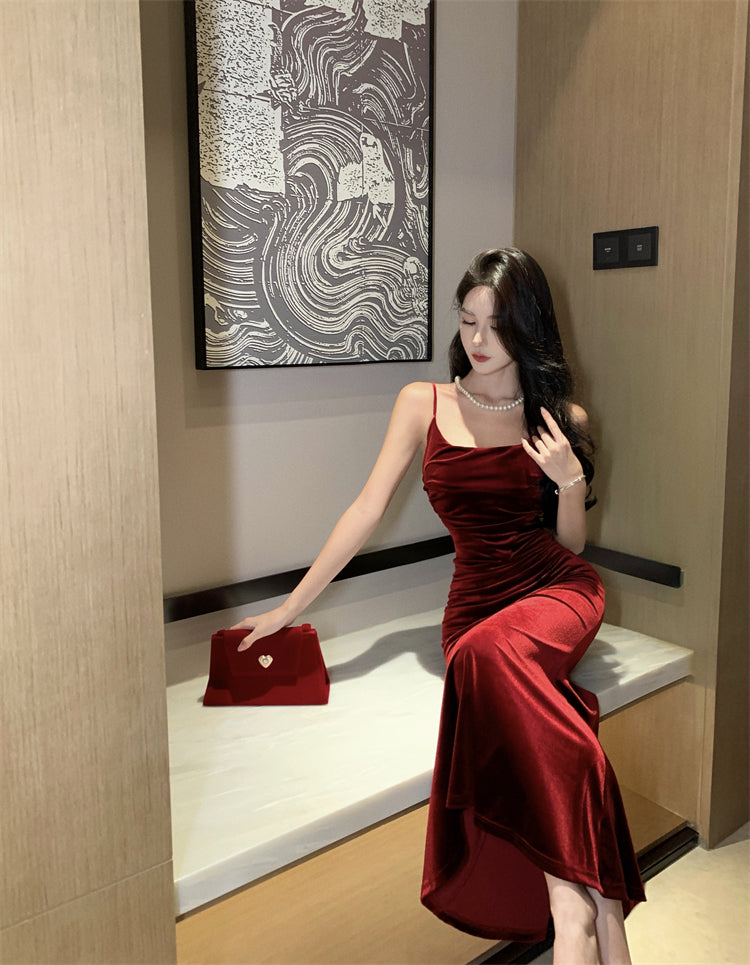 French suspender dress autumn wine red slim waist velvet hip fishtail Christmas dress R1439