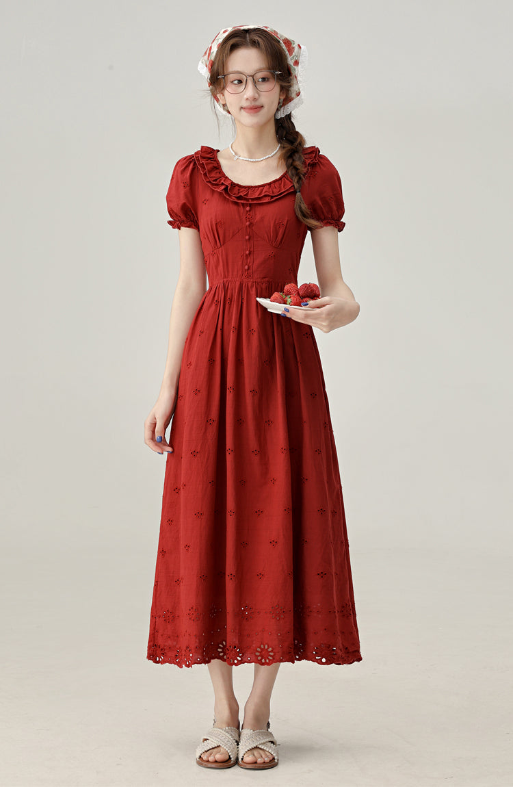 French retro red puff sleeve dress beautiful holiday dress R1934