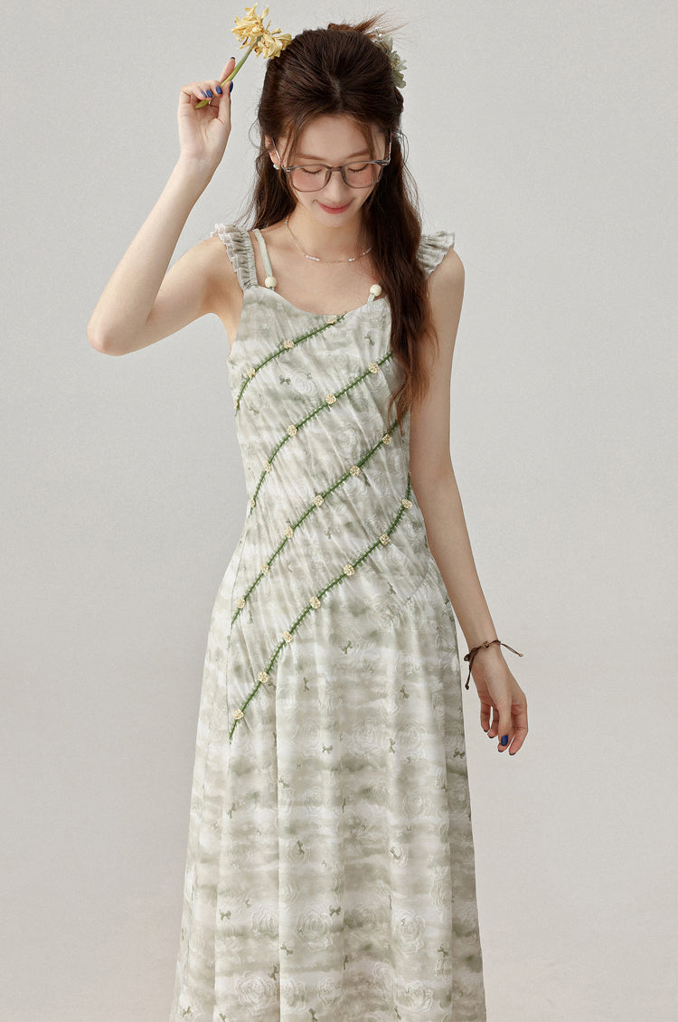 2025 Temperament Green Floral Suspender Dress Holiday Style Dress R1936