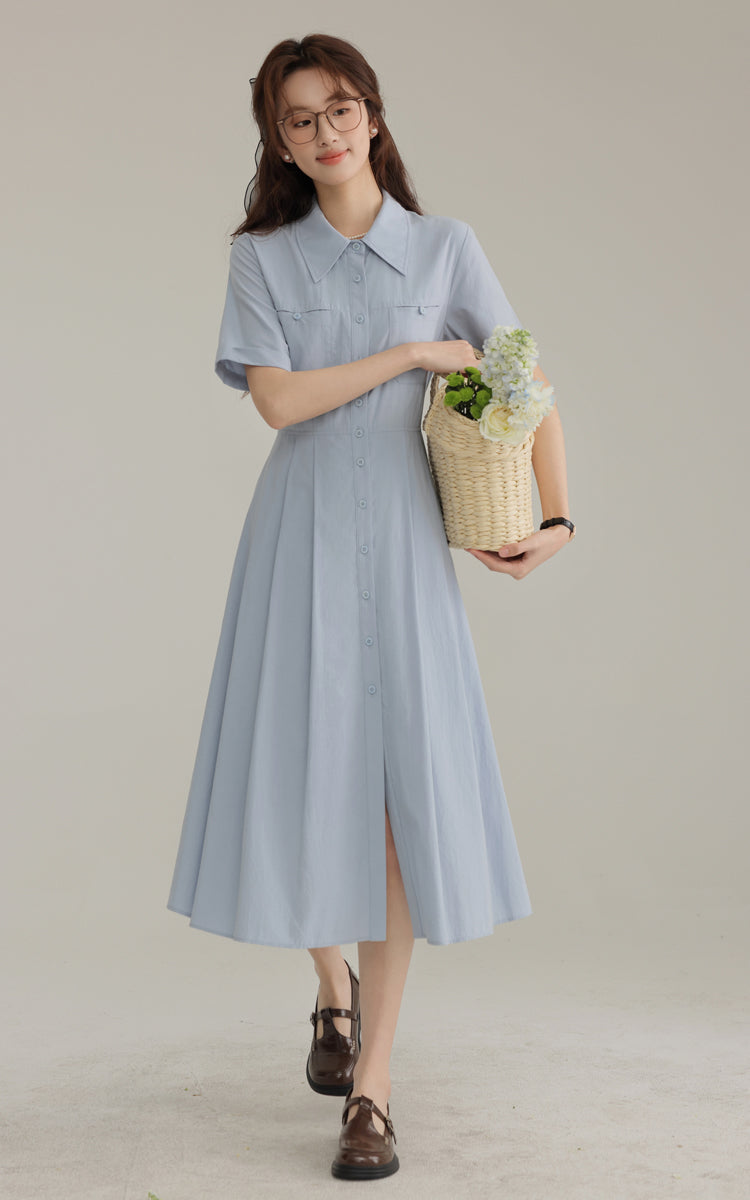 French new blue college style dress waist pleated shirt skirt R1938
