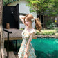 Green oil painting waist dress holiday design suspenders floral dress women summer R3909