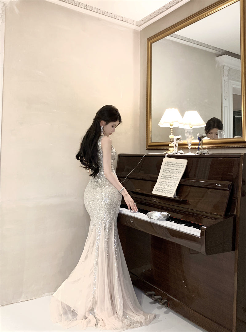 Sexy mermaid high-grade sequined sling dress mesh hip-wrapped evening mermaid dress R1469