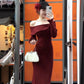 French high-end red one-shoulder knitted dress beautiful slim and elegant long skirt R1789