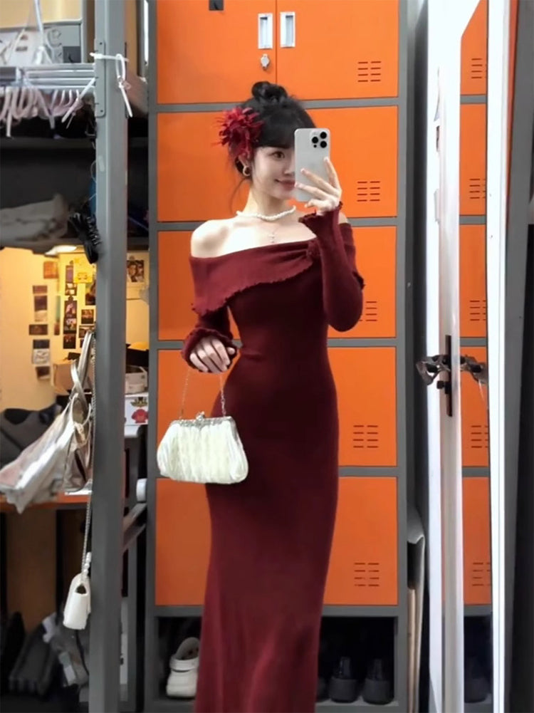 French high-end red one-shoulder knitted dress beautiful slim and elegant long skirt R1789