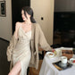 French silk satin sexy slit V-neck dress with suspenders evening dress R1487