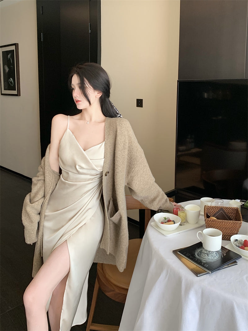 French silk satin sexy slit V-neck dress with suspenders evening dress R1487