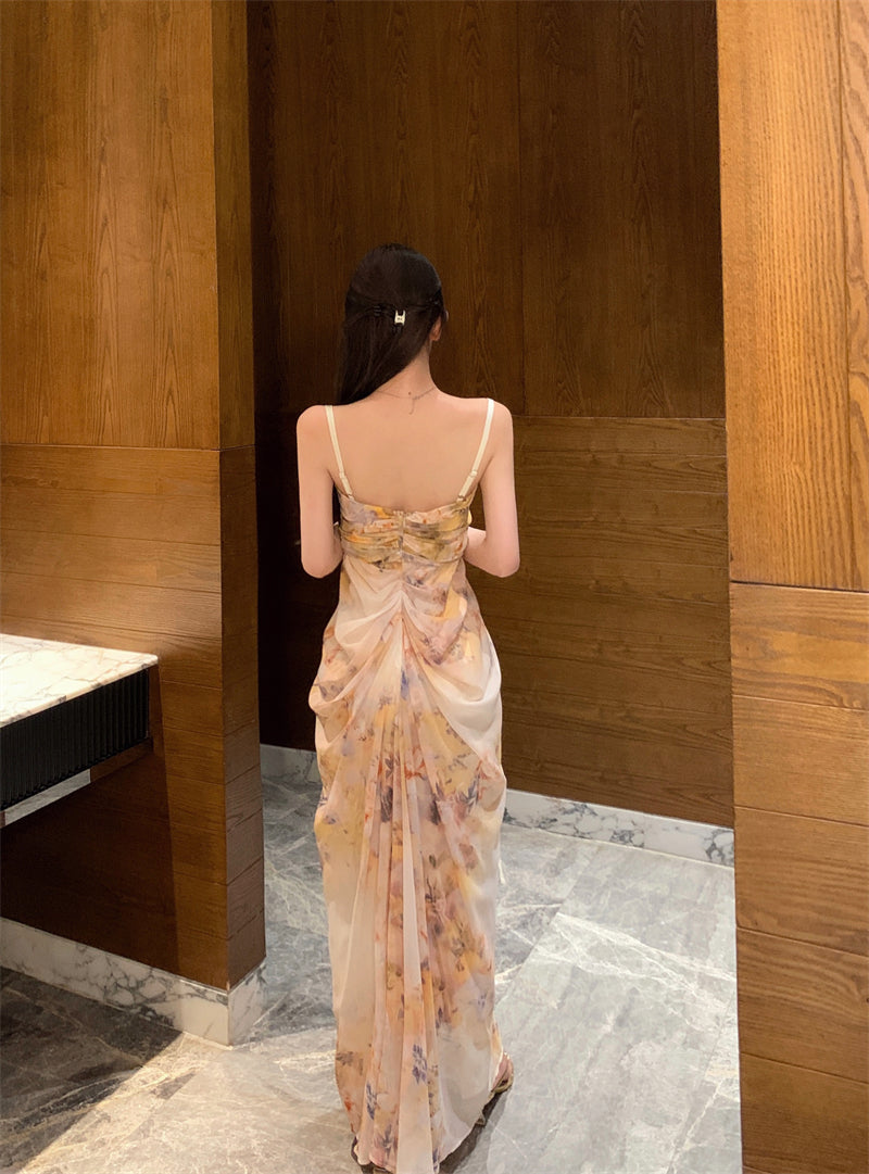 French style beautiful sling dress seaside holiday green print dress beach dress R1564